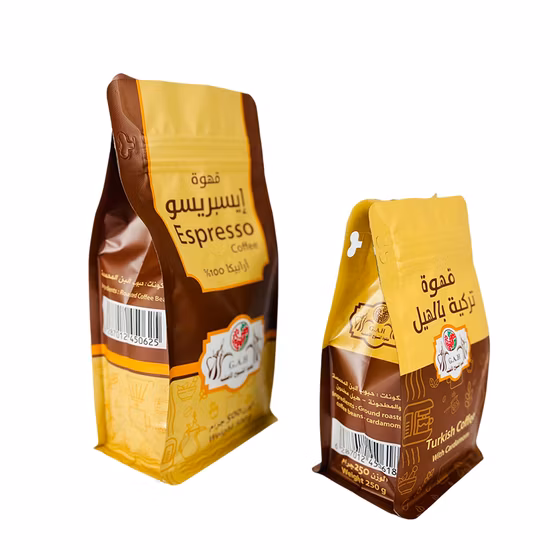 Bolsa de café personalizada, venta al por mayor, válvula de embalaje de pie con sello de ocho lados, bolsa de fondo plano con cremallera, bolsa de café para polvo de grano de café